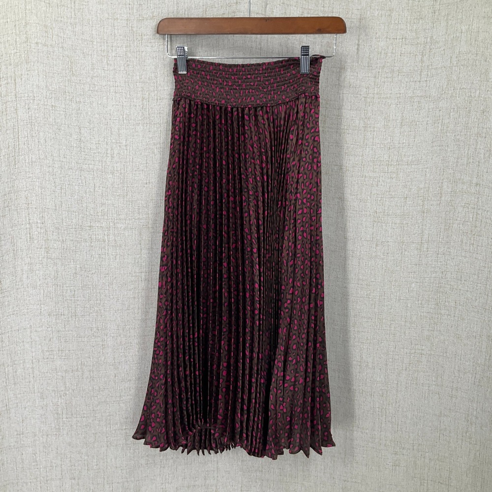 Banana Republic Pleated Midi Skirt Womens XS Brown Pink Animal Print Boho Office